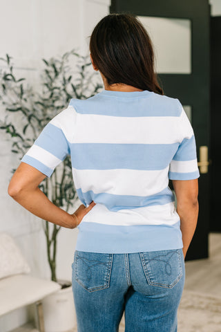 Known for a While Knit Blouse in White and Blue-Short Sleeves-Ave Shops-Motis & Co Boutique, Women's Fashion Boutique in Carthage, Missouri