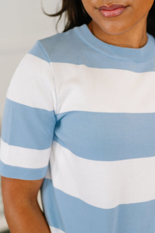Known for a While Knit Blouse in White and Blue-Short Sleeves-Ave Shops-Motis & Co Boutique, Women's Fashion Boutique in Carthage, Missouri