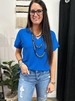 Maggie Short Sleeve V Neck Blouse Blue-Short Sleeves-Zenana-Motis & Co Boutique, Women's Fashion Boutique in Carthage, Missouri