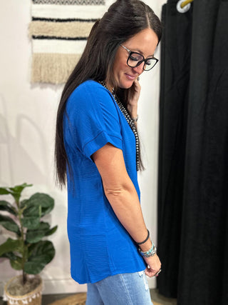 Maggie Short Sleeve V Neck Blouse Blue-Short Sleeves-Zenana-Motis & Co Boutique, Women's Fashion Boutique in Carthage, Missouri