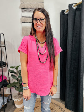 Maggie Short Sleeve V Neck Blouse Pink-Short Sleeves-Zenana-Motis & Co Boutique, Women's Fashion Boutique in Carthage, Missouri