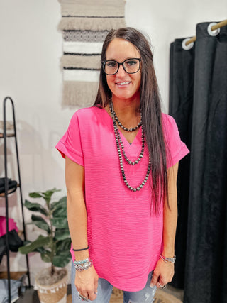 Maggie Short Sleeve V Neck Blouse Pink-Short Sleeves-Zenana-Motis & Co Boutique, Women's Fashion Boutique in Carthage, Missouri