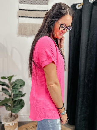 Maggie Short Sleeve V Neck Blouse Pink-Short Sleeves-Zenana-Motis & Co Boutique, Women's Fashion Boutique in Carthage, Missouri