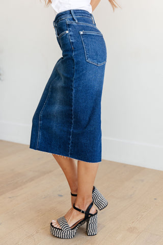 Marcy High Rise Denim Midi Skirt-Skirts-Ave-Motis & Co Boutique, Women's Fashion Boutique in Carthage, Missouri