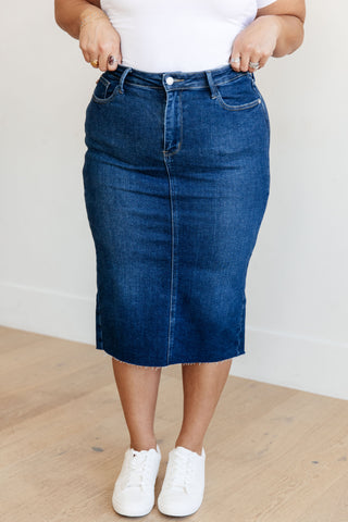 Marcy High Rise Denim Midi Skirt-Skirts-Ave-Motis & Co Boutique, Women's Fashion Boutique in Carthage, Missouri