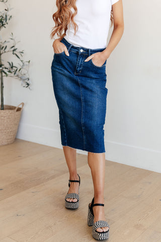 Marcy High Rise Denim Midi Skirt-Skirts-Ave-Motis & Co Boutique, Women's Fashion Boutique in Carthage, Missouri