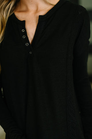 Never Been So Sure Lace Accent Henley Top in Black-Sweaters-Ave Shops-Motis & Co Boutique, Women's Fashion Boutique in Carthage, Missouri