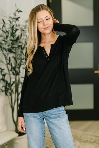 Never Been So Sure Lace Accent Henley Top in Black-Sweaters-Ave Shops-Motis & Co Boutique, Women's Fashion Boutique in Carthage, Missouri