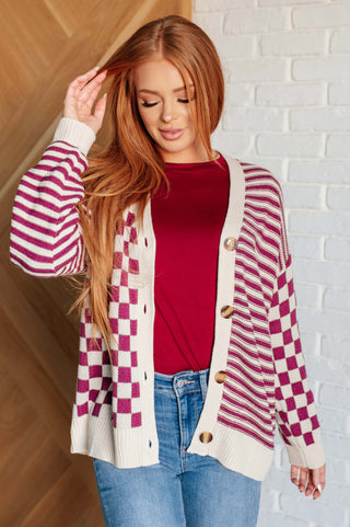 No Brainer Button Down Sweater Knit Cardigan in Magenta/Oatmeal-Sweaters-Ave Shops-Motis & Co Boutique, Women's Fashion Boutique in Carthage, Missouri