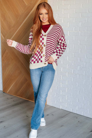 No Brainer Button Down Sweater Knit Cardigan in Magenta/Oatmeal-Sweaters-Ave Shops-Motis & Co Boutique, Women's Fashion Boutique in Carthage, Missouri