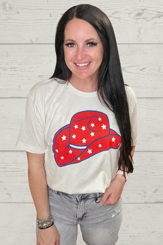 Star Spangle Cowgirl Hat Graphic Tee-Graphic Tees-The Lattimore Claim-Motis & Co Boutique, Women's Fashion Boutique in Carthage, Missouri