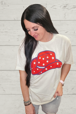 Star Spangle Cowgirl Hat Graphic Tee-Graphic Tees-The Lattimore Claim-Motis & Co Boutique, Women's Fashion Boutique in Carthage, Missouri