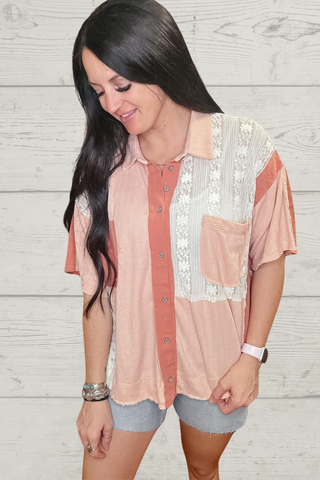 Mia Oversize Lace Detail Button Down Top-Short Sleeves-POL-Motis & Co Boutique, Women's Fashion Boutique in Carthage, Missouri