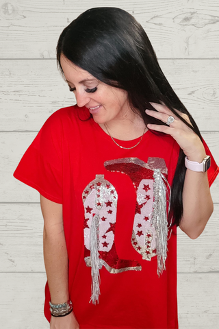 Red Sequin Fringe Cowgirl Oversized Top-Graphic Tees-Blue B-Motis & Co Boutique, Women's Fashion Boutique in Carthage, Missouri