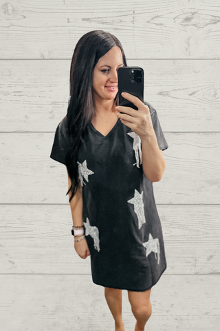 Star Studded Fringe Shirt Dress-Dresses-Blue B-Motis & Co Boutique, Women's Fashion Boutique in Carthage, Missouri