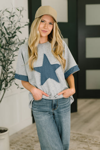 Star Stud Distressed Applique Top-Short Sleeves-Ave Shops-Motis & Co Boutique, Women's Fashion Boutique in Carthage, Missouri