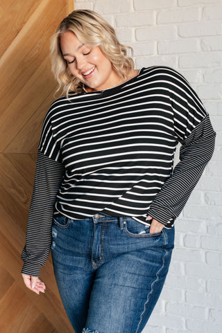 Super Clever Patchwork Striped Top in Black-Tops-Ave Shops-Motis & Co Boutique, Women's Fashion Boutique in Carthage, Missouri