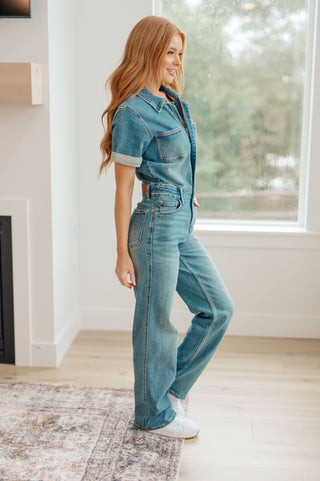 Sylvia Short Sleeve Denim Jumpsuit-Jumpsuits & Rompers-Ave-Motis & Co Boutique, Women's Fashion Boutique in Carthage, Missouri