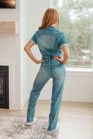 Sylvia Short Sleeve Denim Jumpsuit-Jumpsuits & Rompers-Ave-Motis & Co Boutique, Women's Fashion Boutique in Carthage, Missouri