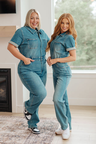 Sylvia Short Sleeve Denim Jumpsuit-Jumpsuits & Rompers-Ave-Motis & Co Boutique, Women's Fashion Boutique in Carthage, Missouri