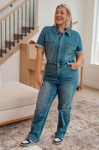 Sylvia Short Sleeve Denim Jumpsuit-Jumpsuits & Rompers-Ave-Motis & Co Boutique, Women's Fashion Boutique in Carthage, Missouri