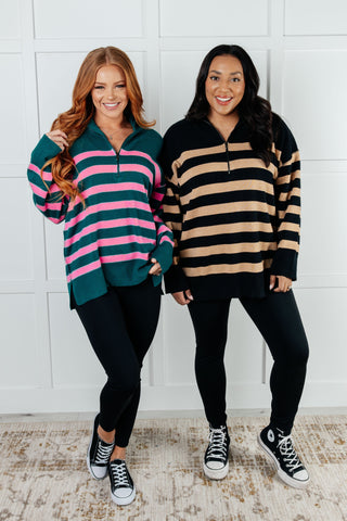 Well Situated Striped Quarter Zip Sweater in Green and Pink-Long Sleeves-Ave Shops-Motis & Co Boutique, Women's Fashion Boutique in Carthage, Missouri