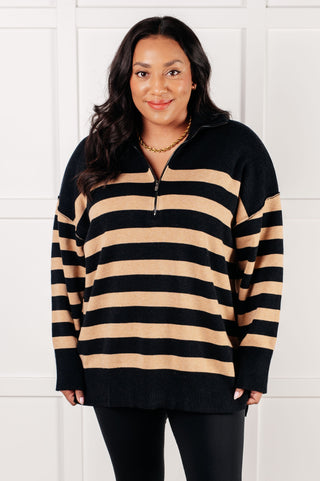 Well Situated Striped Quarter Zip Sweater in Black and Tan-Long Sleeves-Ave Shops-Motis & Co Boutique, Women's Fashion Boutique in Carthage, Missouri