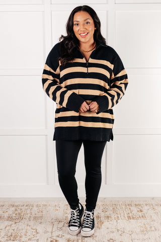 Well Situated Striped Quarter Zip Sweater in Black and Tan-Long Sleeves-Ave Shops-Motis & Co Boutique, Women's Fashion Boutique in Carthage, Missouri