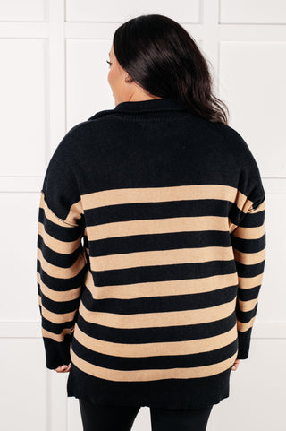 Well Situated Striped Quarter Zip Sweater in Black and Tan-Long Sleeves-Ave Shops-Motis & Co Boutique, Women's Fashion Boutique in Carthage, Missouri