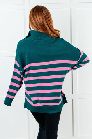 Well Situated Striped Quarter Zip Sweater in Green and Pink-Long Sleeves-Ave Shops-Motis & Co Boutique, Women's Fashion Boutique in Carthage, Missouri