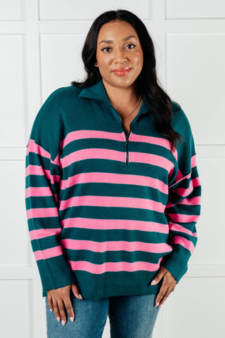 Well Situated Striped Quarter Zip Sweater in Green and Pink-Long Sleeves-Ave Shops-Motis & Co Boutique, Women's Fashion Boutique in Carthage, Missouri