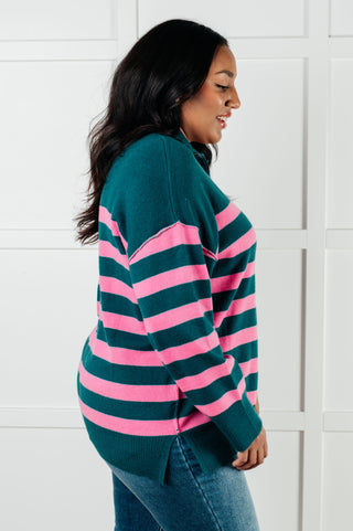 Well Situated Striped Quarter Zip Sweater in Green and Pink-Long Sleeves-Ave Shops-Motis & Co Boutique, Women's Fashion Boutique in Carthage, Missouri