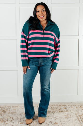 Well Situated Striped Quarter Zip Sweater in Green and Pink-Long Sleeves-Ave Shops-Motis & Co Boutique, Women's Fashion Boutique in Carthage, Missouri