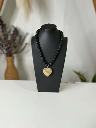 Aspen Black Beaded Tan Stone Heart Necklace-Necklace-What's Hot-Motis & Co Boutique, Women's Fashion Boutique in Carthage, Missouri