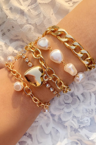 Gold Heart and Pearl Chain Bracelet Set-Bracelets-Motis & CO-Motis & Co Boutique, Women's Fashion Boutique in Carthage, Missouri