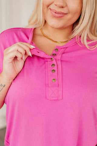 On A Whim Pink Raw Hem Henley Tee-Short Sleeves-Ave shops-Motis & Co Boutique, Women's Fashion Boutique in Carthage, Missouri