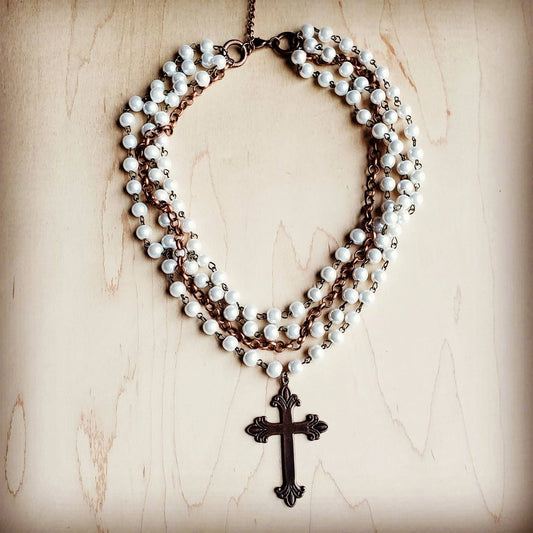 Pearl and Copper Cross Necklace