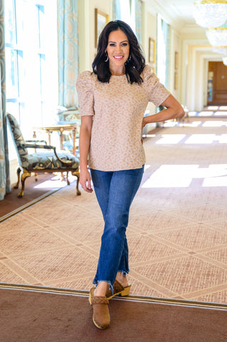 Kelsi Jacquard Puff Sleeve Top In Tan-Short Sleeves-Ave-Motis & Co Boutique, Women's Fashion Boutique in Carthage, Missouri