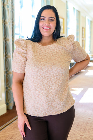 Kelsi Jacquard Puff Sleeve Top In Tan-Short Sleeves-Ave-Motis & Co Boutique, Women's Fashion Boutique in Carthage, Missouri