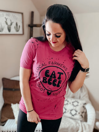 Splattered Eat Beef Pink Tee-Graphic Tees-Bucking Barn Boutique-Motis & Co Boutique, Women's Fashion Boutique in Carthage, Missouri