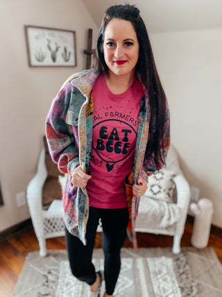 Splattered Eat Beef Pink Tee-Graphic Tees-Bucking Barn Boutique-Motis & Co Boutique, Women's Fashion Boutique in Carthage, Missouri