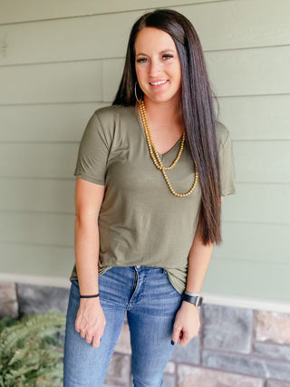 Faye Fave Olive Basic Tee-Short Sleeves-Crazy Train-Motis & Co Boutique, Women's Fashion Boutique in Carthage, Missouri