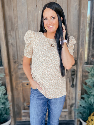 Kelsi Jacquard Puff Sleeve Top In Tan-Short Sleeves-Ave-Motis & Co Boutique, Women's Fashion Boutique in Carthage, Missouri