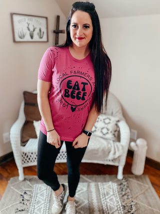 Splattered Eat Beef Pink Tee-Graphic Tees-Bucking Barn Boutique-Motis & Co Boutique, Women's Fashion Boutique in Carthage, Missouri