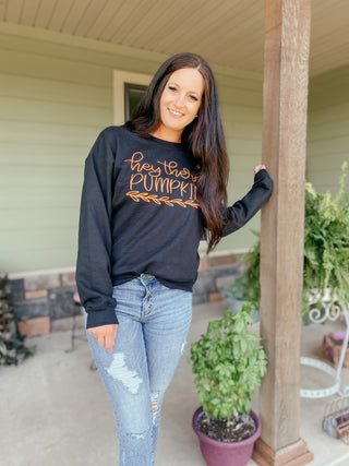 Hey There Pumpkin Black Sweatshirt-Sweaters-Bucking Barn Boutique-Motis & Co Boutique, Women's Fashion Boutique in Carthage, Missouri