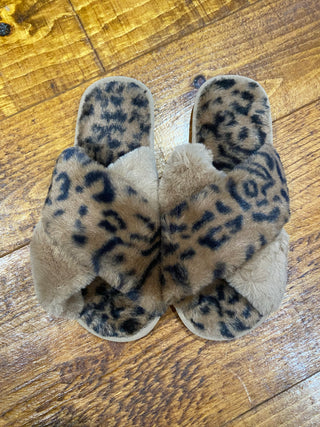 Brown Crisscross Faux Fur Slippers-Slippers-Dear Lover-Motis & Co Boutique, Women's Fashion Boutique in Carthage, Missouri