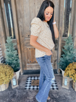 Kelsi Jacquard Puff Sleeve Top In Tan-Short Sleeves-Ave-Motis & Co Boutique, Women's Fashion Boutique in Carthage, Missouri