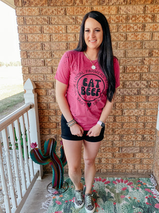 Splattered Eat Beef Pink Tee-Graphic Tees-Bucking Barn Boutique-Motis & Co Boutique, Women's Fashion Boutique in Carthage, Missouri