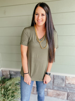 Faye Fave Olive Basic Tee-Short Sleeves-Crazy Train-Motis & Co Boutique, Women's Fashion Boutique in Carthage, Missouri