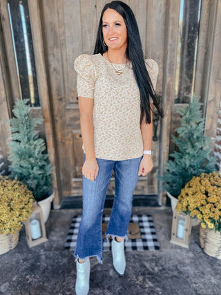 Kelsi Jacquard Puff Sleeve Top In Tan-Short Sleeves-Ave-Motis & Co Boutique, Women's Fashion Boutique in Carthage, Missouri